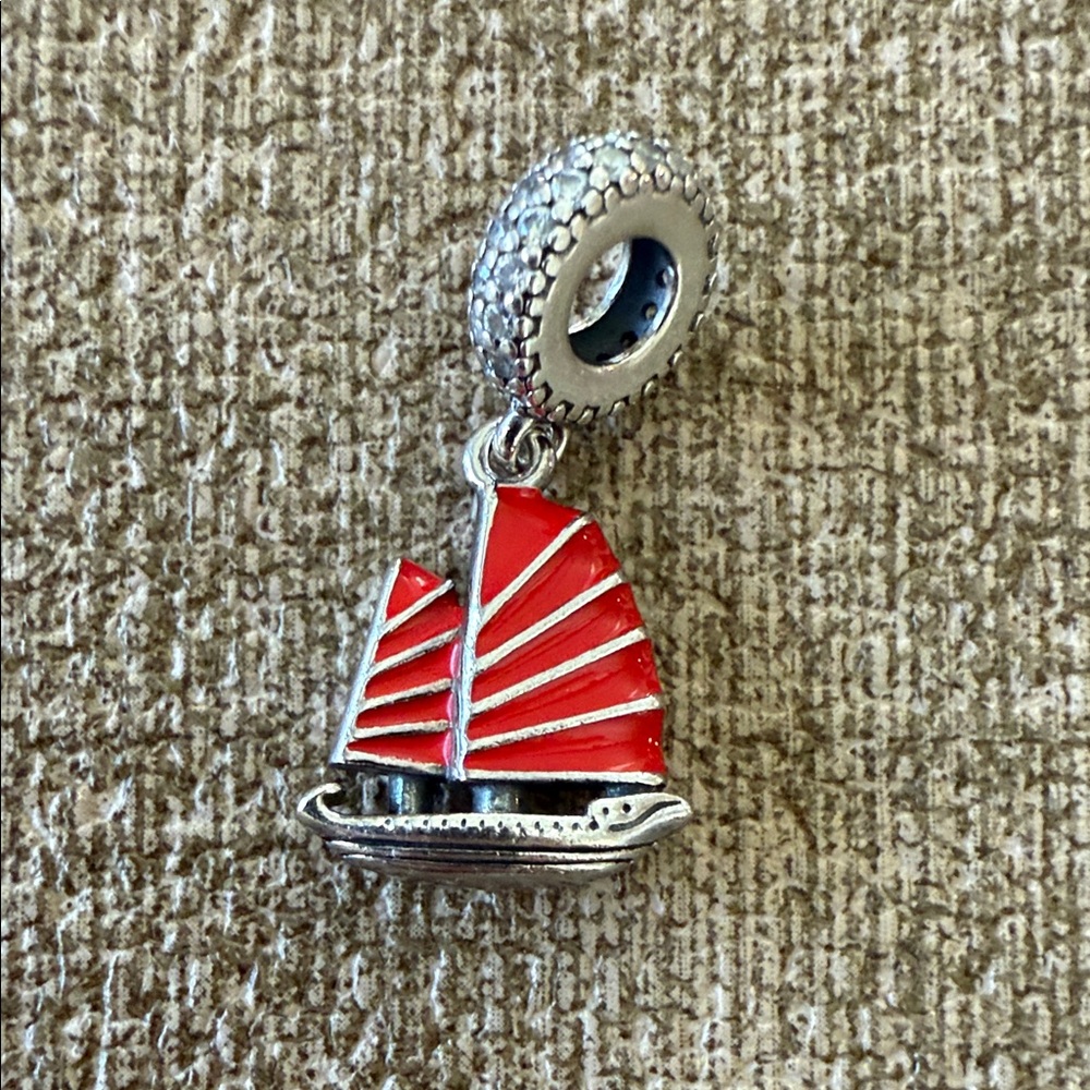 Pandora Red and Silver Sailboat Charm with Crystal Accents on the Loop